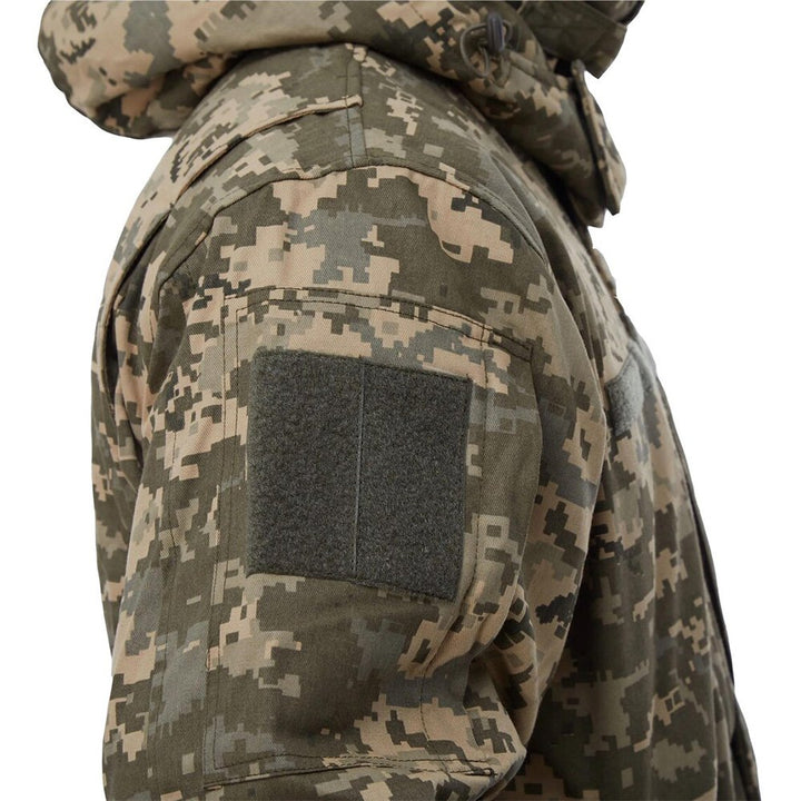 Close-up of the secure sleeve pocket with Velcro patch on the Ukrainian Army Winter Coat.