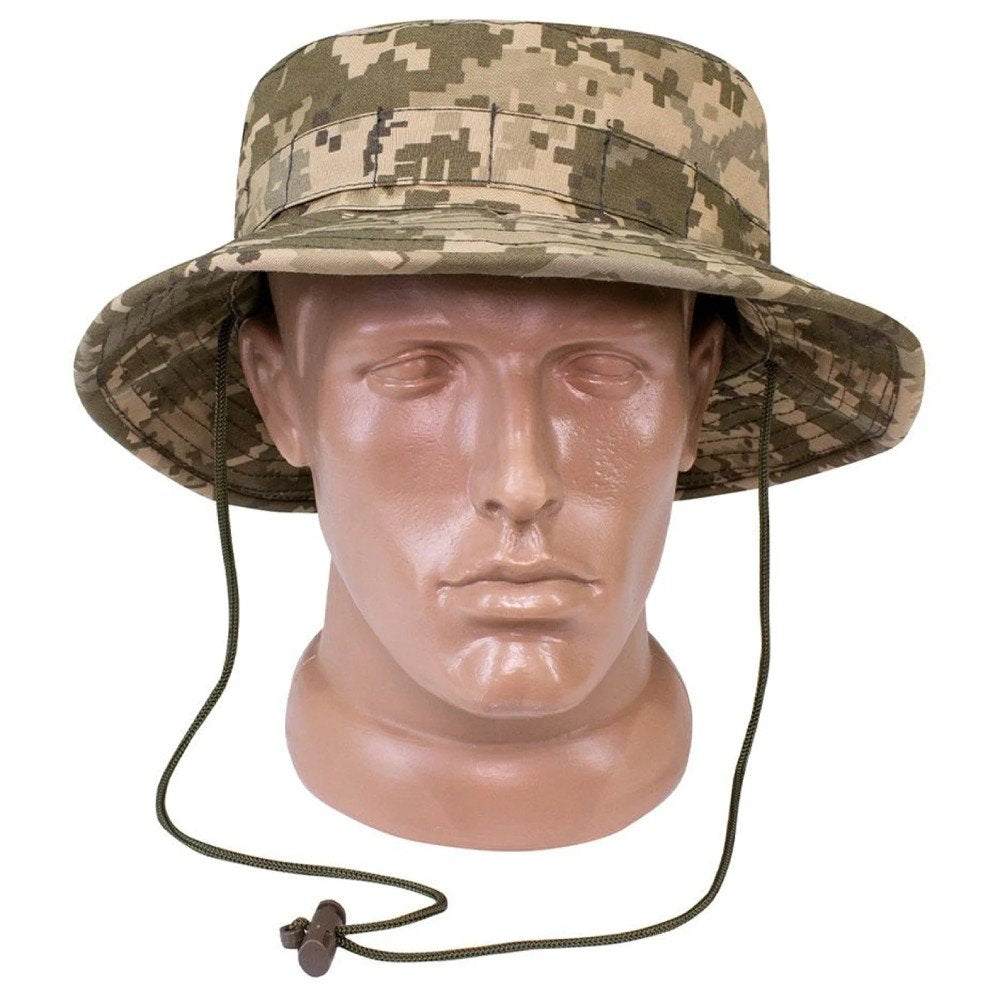 Front view of ZSU Panama Hat on mannequin head with digital pixel camouflage and chin strap.