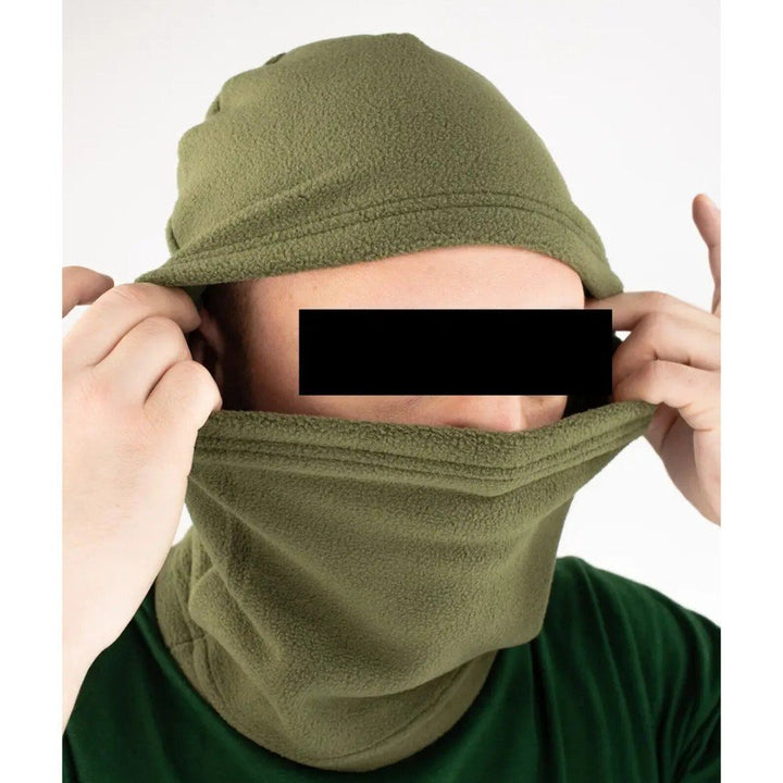 A person adjusting the olive fleece balaclava, demonstrating its flexibility and fit.