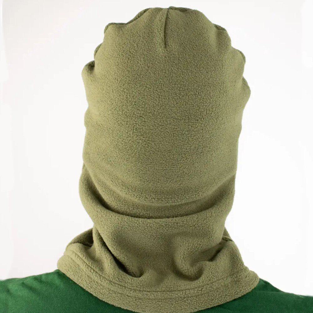 Back view of an olive fleece balaclava, showing full head and neck coverage.