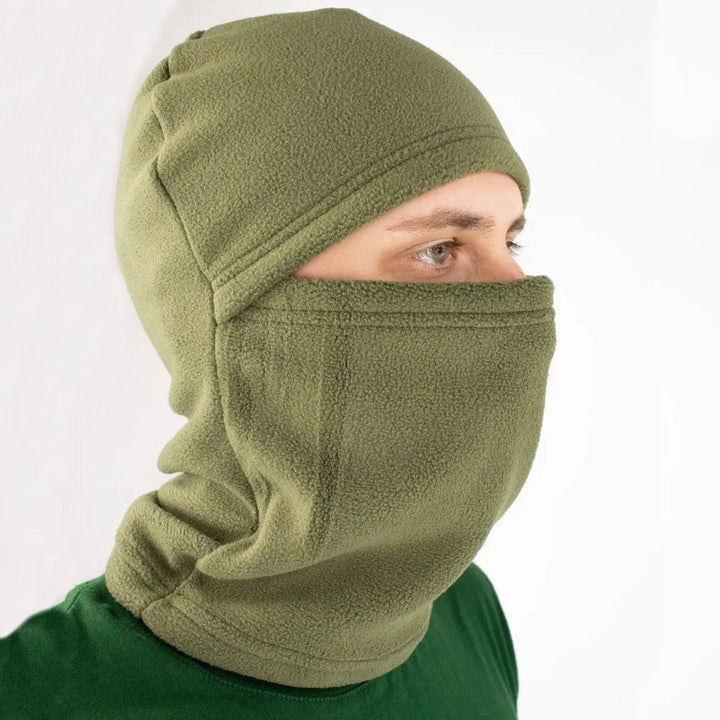 Side view of a fleece balaclava in olive color, showing its snug fit and tactical design.