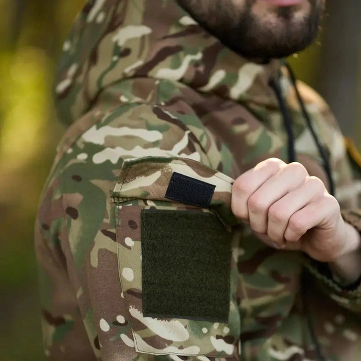 Detailed view of Ukrainian army multicam jacket cuff with velcro fastener.