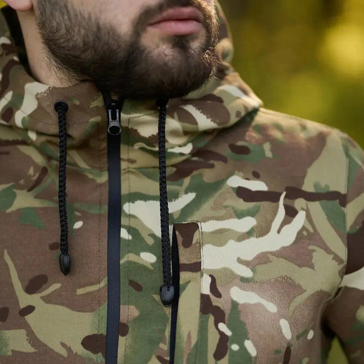 Close-up of adjustable hood on Ukrainian army multicam jacket with camouflage pattern.