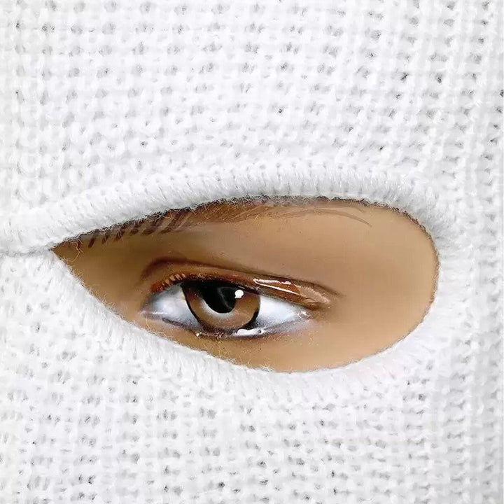 White Fleece Balaclava Mask Close-Up Eye Detail