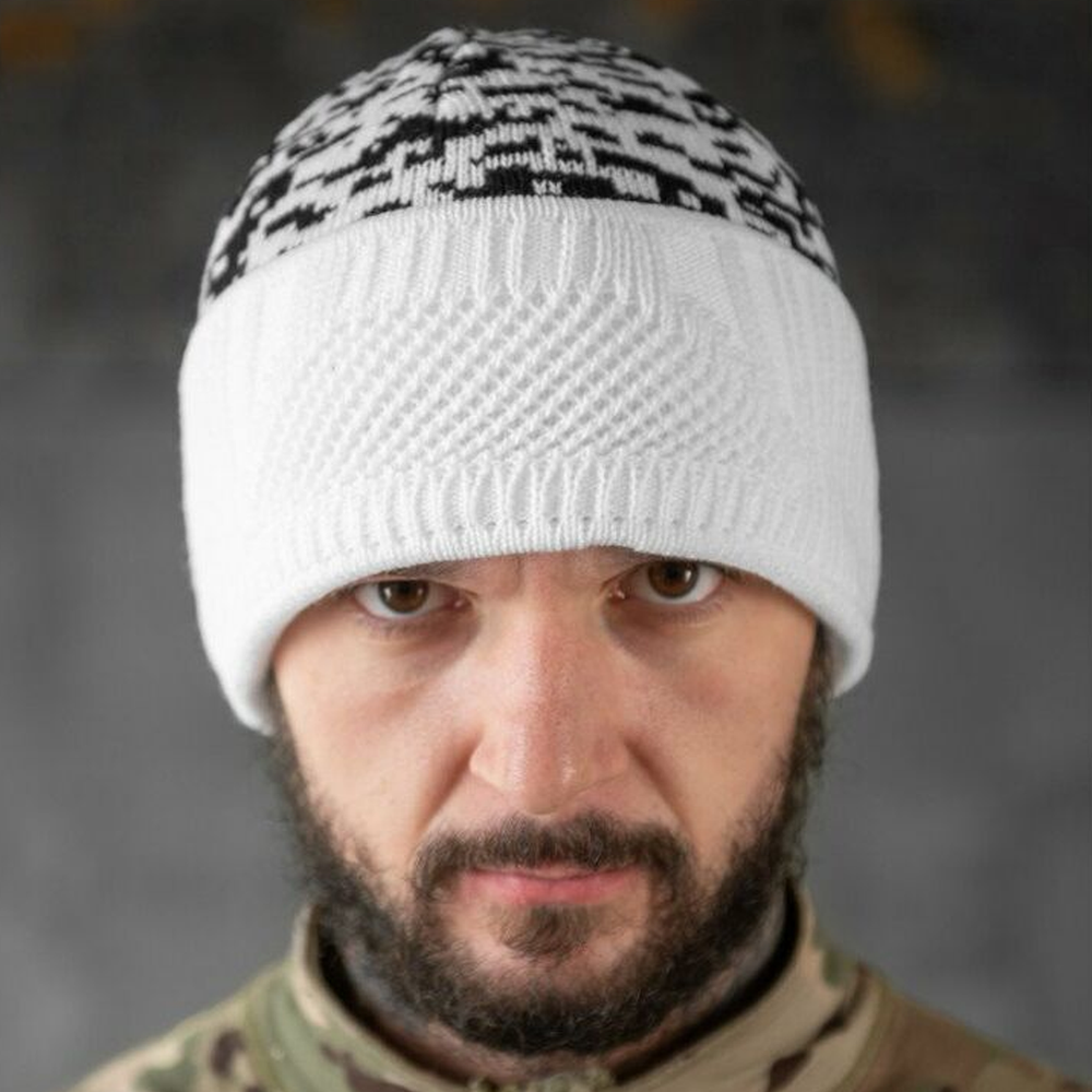 White winter balaclava folded as beanie hat, black camo pattern knitted cap for cold weather tactical use.