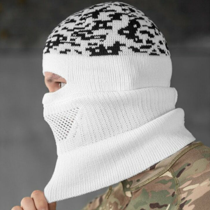 White winter balaclava with black camouflage pattern, open face ski mask with breathable knitted mesh panel, side view.
