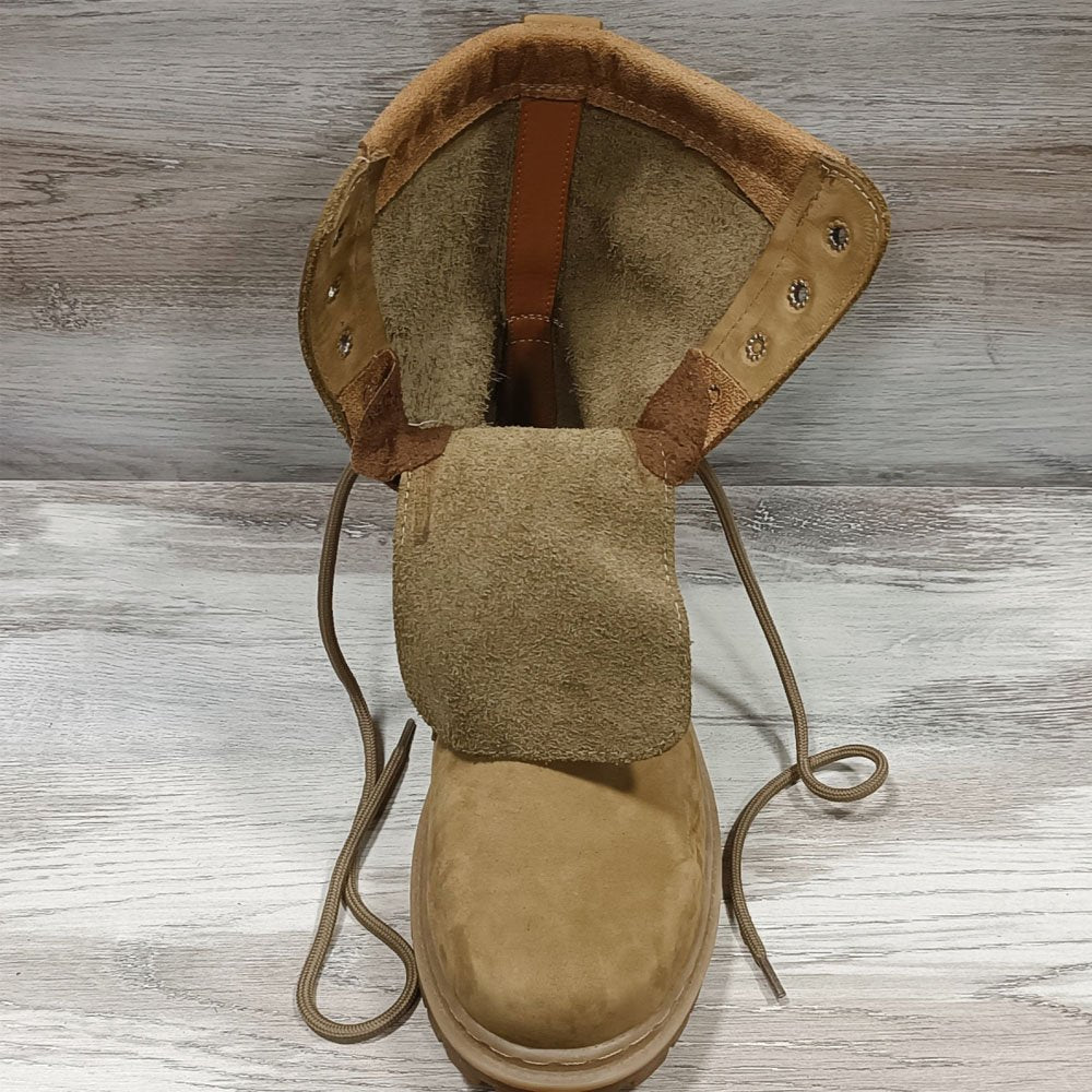 Front view of Ukrainian NATO beige combat boot with open tongue