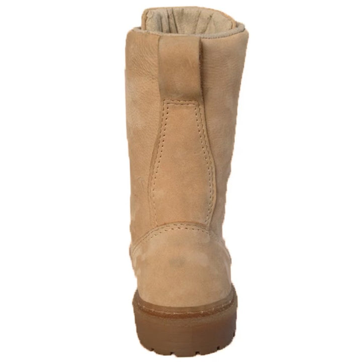 Rear view of beige ankle combat boots showing the back stitching and pull loop.