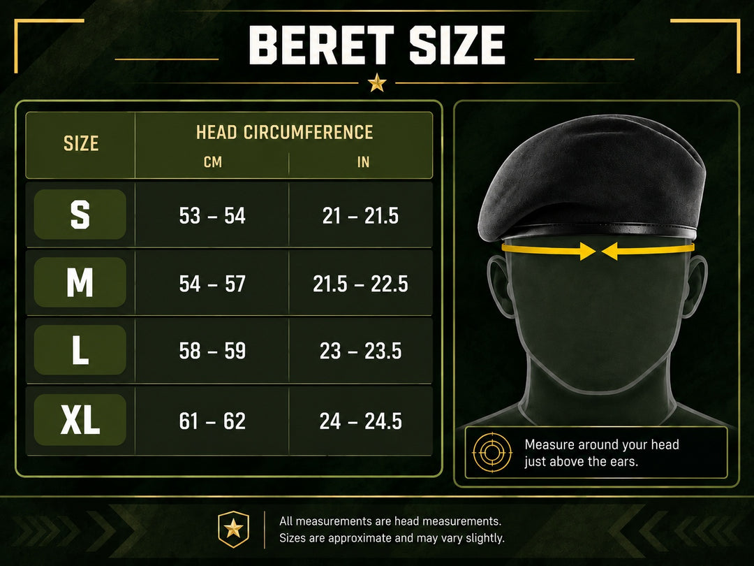 Beret size chart graphic with a size table for S, M, L, and XL head circumferences in cm and inches, plus a dark illustration of a beret on a head with yellow measurement arrows.
