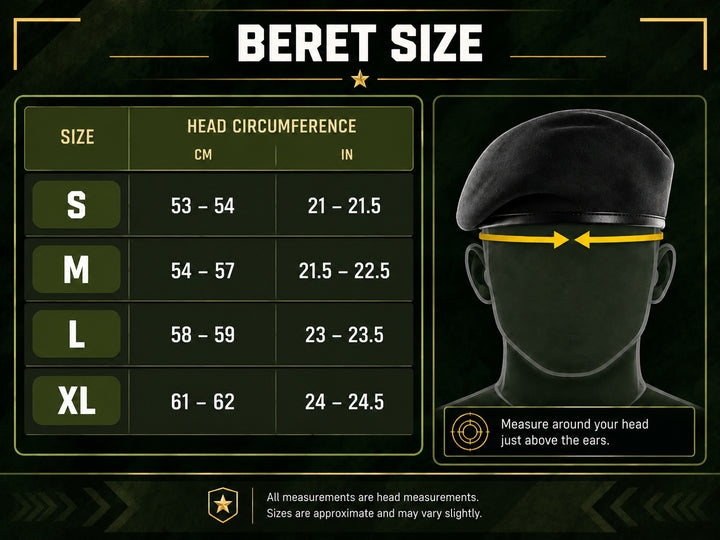 Beret size chart graphic with a size table for S, M, L, and XL head circumferences in cm and inches, plus a dark illustration of a beret on a head with yellow measurement arrows.