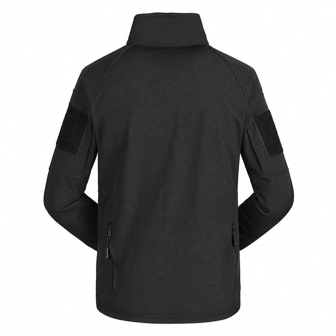 Black tactical softshell fleece jacket shown from the back with high collar, hook &amp; loop panels on both sleeves, shaped shoulder seams, and lower side zippers.