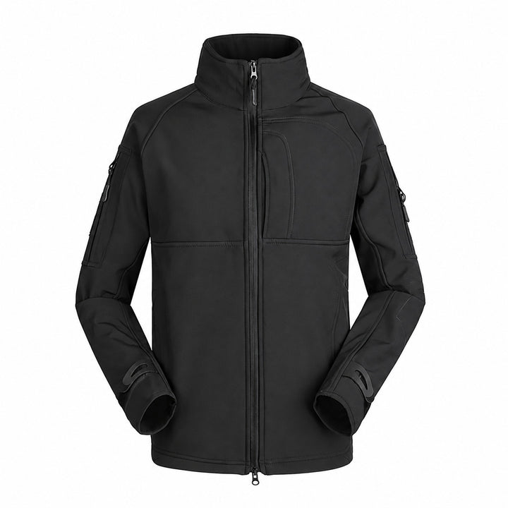Black Ukrainian tactical softshell jacket with full front zipper, high protective collar, zippered sleeve pockets, shaped front panels, and adjustable cuffs.