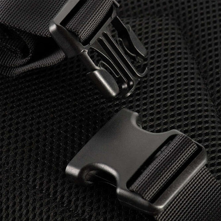 Close-up of a black tactical backpack&