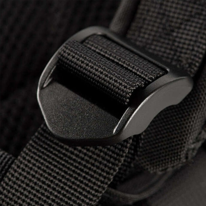 Close-up of a black tactical backpack&