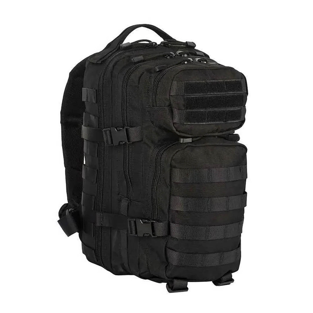 Full view of a black tactical backpac