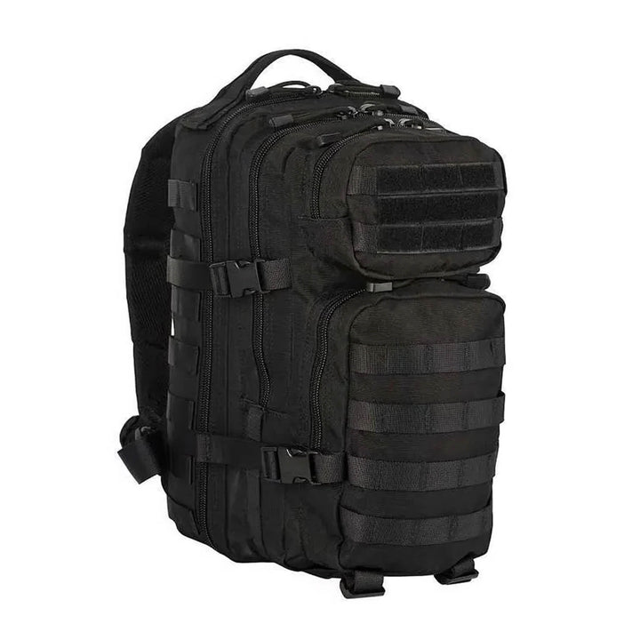 Full view of a black tactical backpac