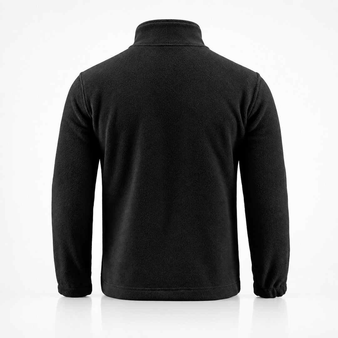 Black Ukrainian Army fleece jacket showing the plain rear panel, stand collar, long sleeves, elastic cuffs, and straight hem.