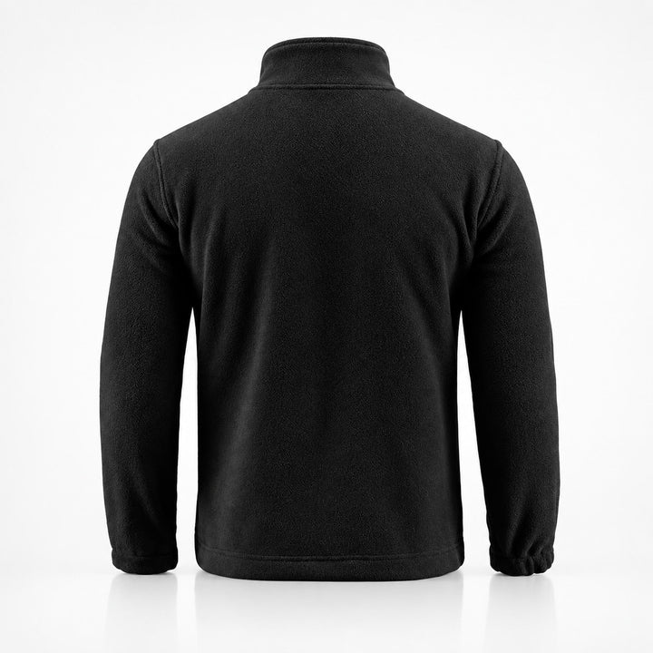 Black Ukrainian Army fleece jacket showing the plain rear panel, stand collar, long sleeves, elastic cuffs, and straight hem.