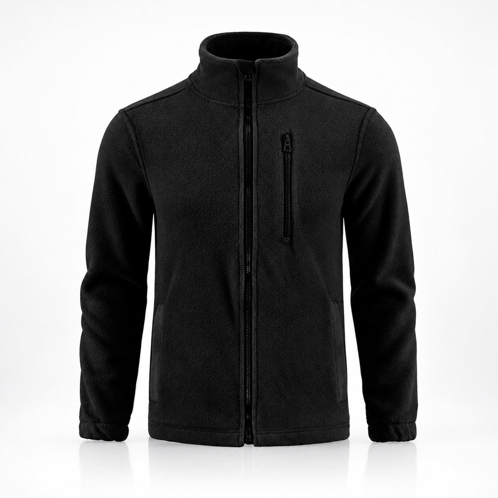 Black tactical fleece jacket with full front zipper, high stand collar, vertical zippered chest pocket, two side pockets, and elastic cuffs.