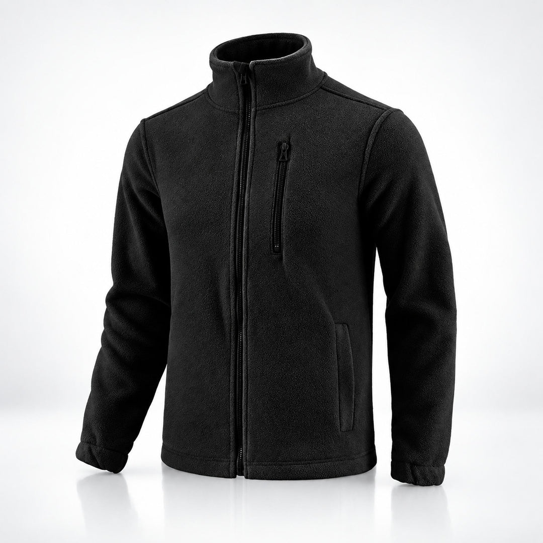 Black Ukrainian Army fleece jacket shown at an angle with anatomical cut, full-length zipper, high collar, chest zip pocket, side pockets, and long sleeves.