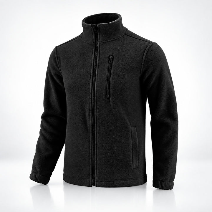 Black Ukrainian Army fleece jacket shown at an angle with anatomical cut, full-length zipper, high collar, chest zip pocket, side pockets, and long sleeves.