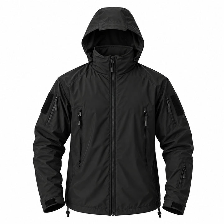 Black Ukrainian Army tactical windbreaker with the hidden hood deployed, high protective collar, full zipper, chest and sleeve zip pockets, hook &amp; loop panels, and adjustable hem.