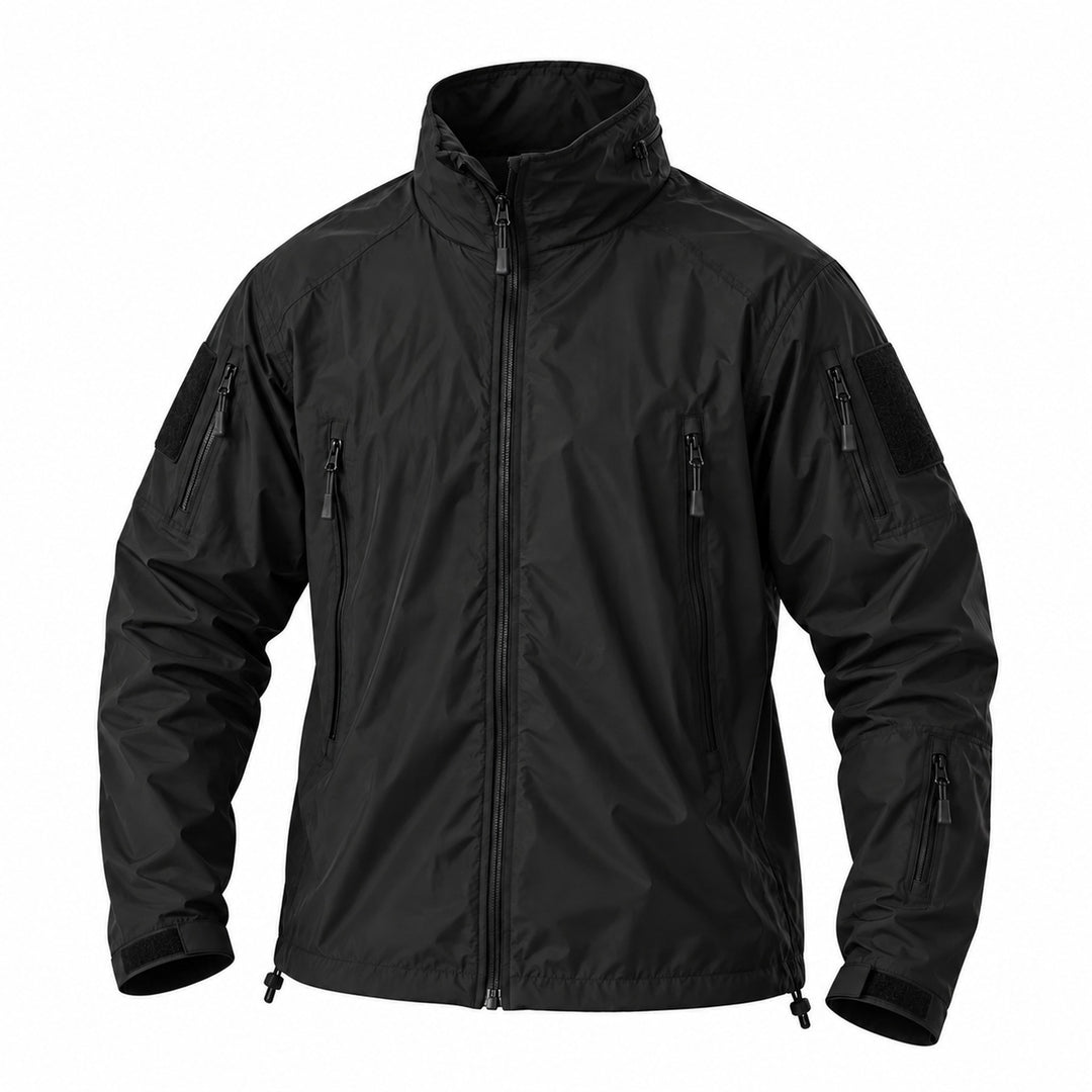 Black Ukrainian Army tactical windbreaker with high collar, full front zipper, multiple zippered chest and sleeve pockets, hook &amp; loop panels, adjustable cuffs, and adjustable hem.