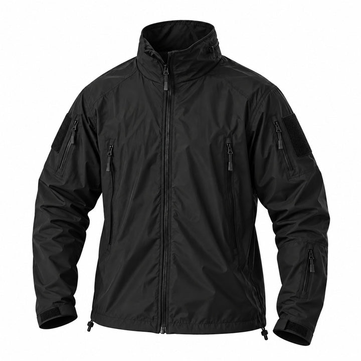 Black Ukrainian Army tactical windbreaker with high collar, full front zipper, multiple zippered chest and sleeve pockets, hook &amp; loop panels, adjustable cuffs, and adjustable hem.