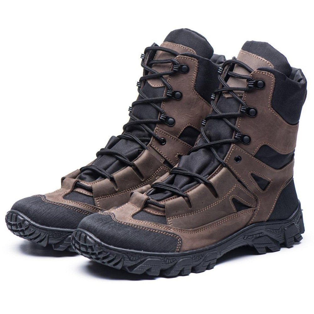 Pair of brown Ukrainian tactical boots with black Cordura panels