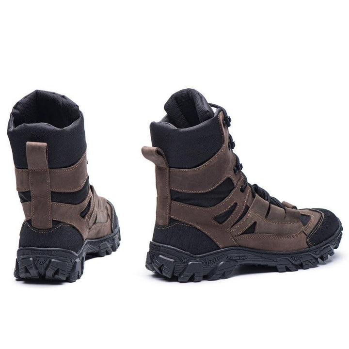 Rear view of brown Ukrainian military boots with reinforced heel