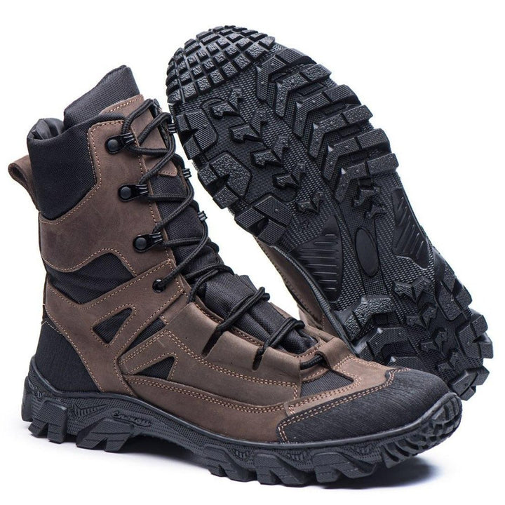 Brown leather combat boots with waterproof Cordura and black outsole