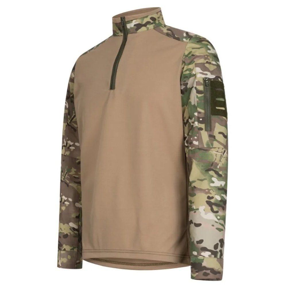Front view of a multicam tactical UBACS shirt with a high-collar and zip.