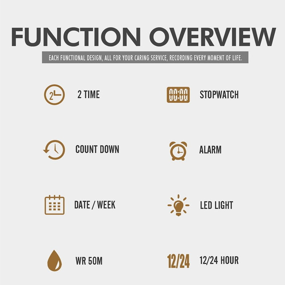 Digital functions of military wristwatch with LED light and stopwatch