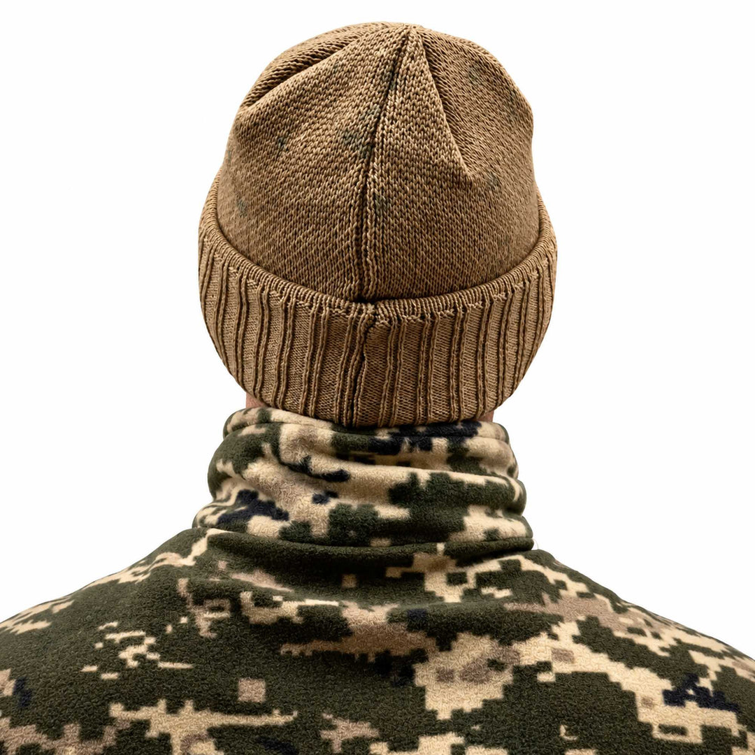 Khaki knitted balaclava worn with the face section folded up, showing the rear crown seam, ribbed lower edge, and stretch-knit construction.