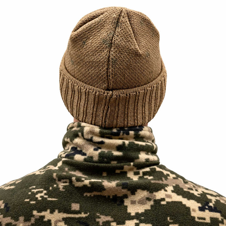 Khaki knitted balaclava worn with the face section folded up, showing the rear crown seam, ribbed lower edge, and stretch-knit construction.