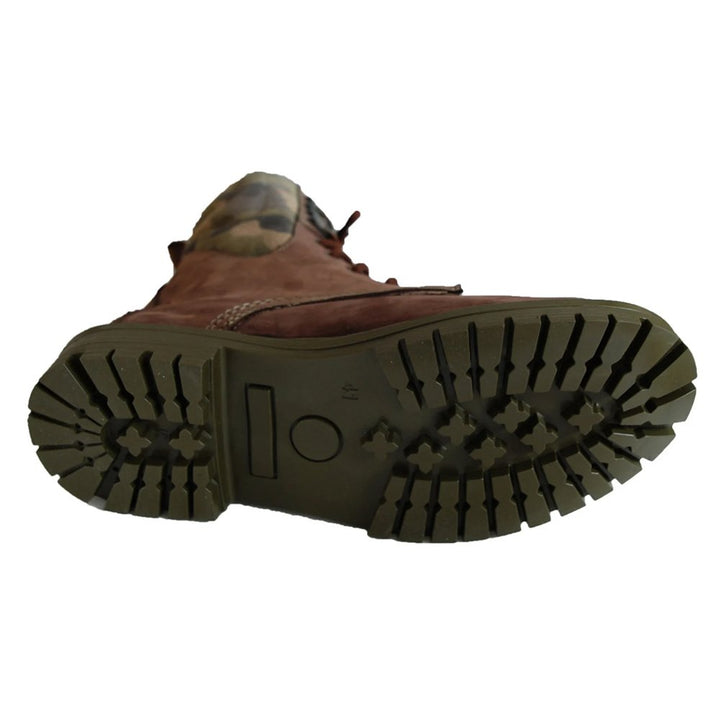 Pair of brown camouflage combat boots for versatile outdoor wear