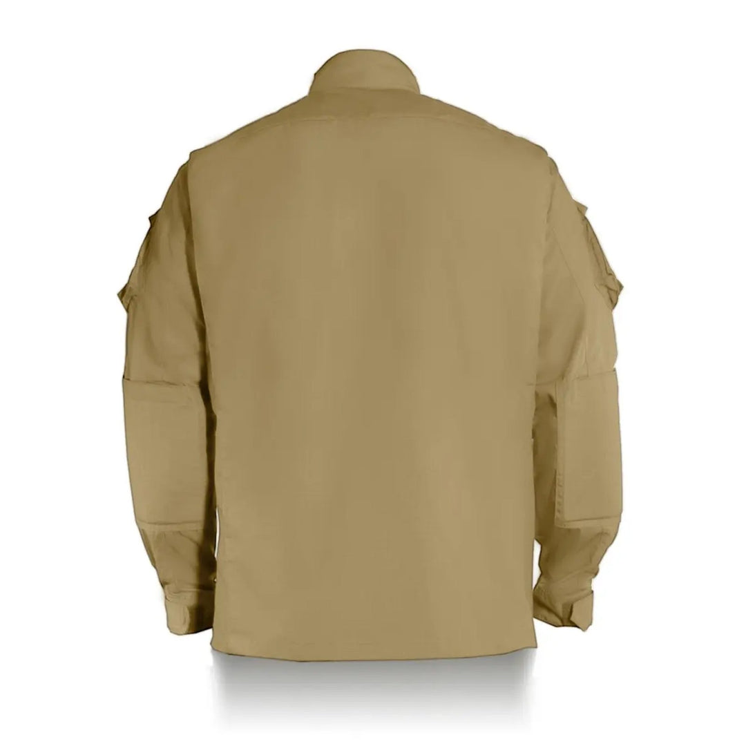 Backside of the Ukrainian combat camouflage jacket in coyote color, showing reinforced stitching and a high-collar design.