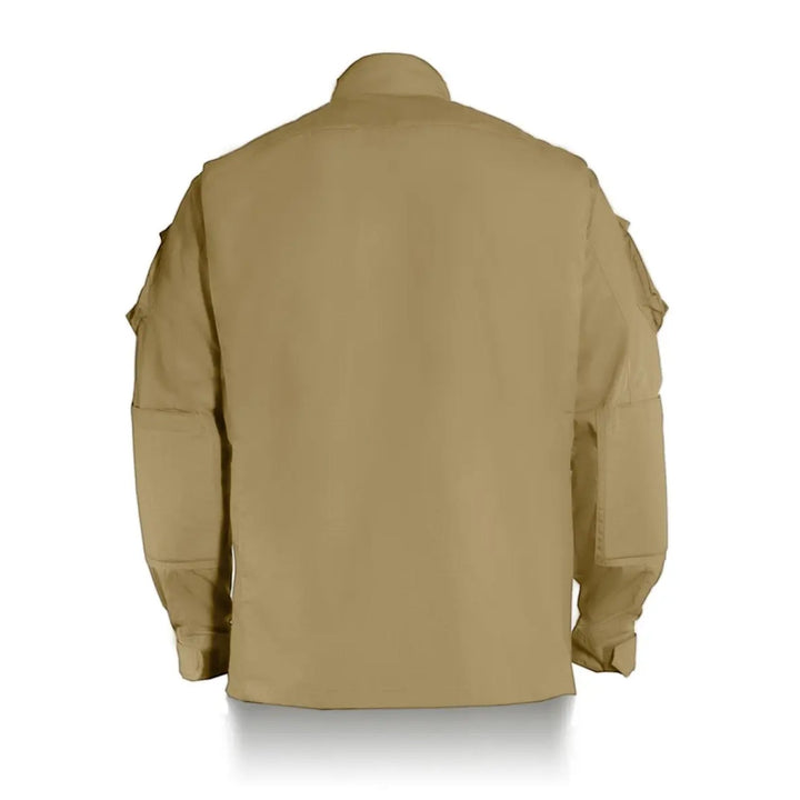 Backside of the Ukrainian combat camouflage jacket in coyote color, showing reinforced stitching and a high-collar design.