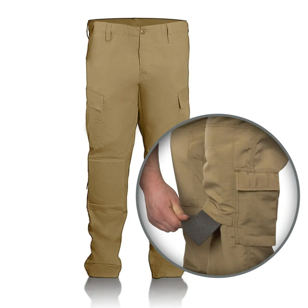 Close-up of knee pad insert in coyote combat trousers, showing reinforced tactical design.