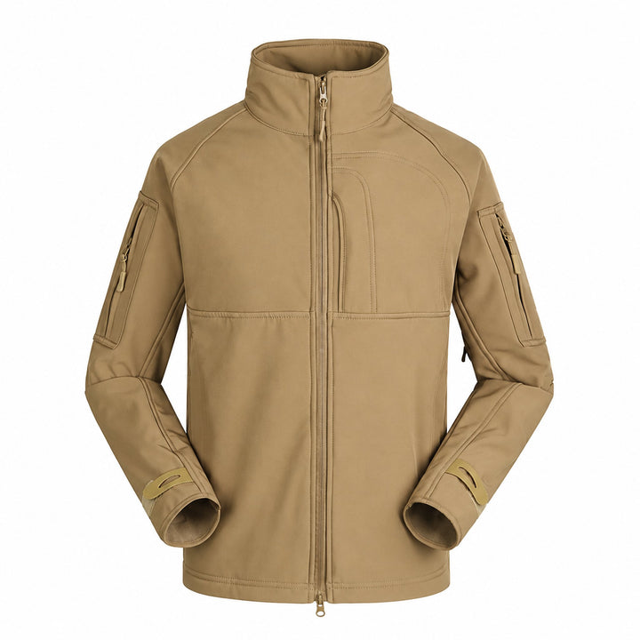 Coyote softshell tactical jacket with high stand collar, full front zipper, zippered sleeve pockets, anatomical panel construction, and adjustable hook &amp; loop cuffs.