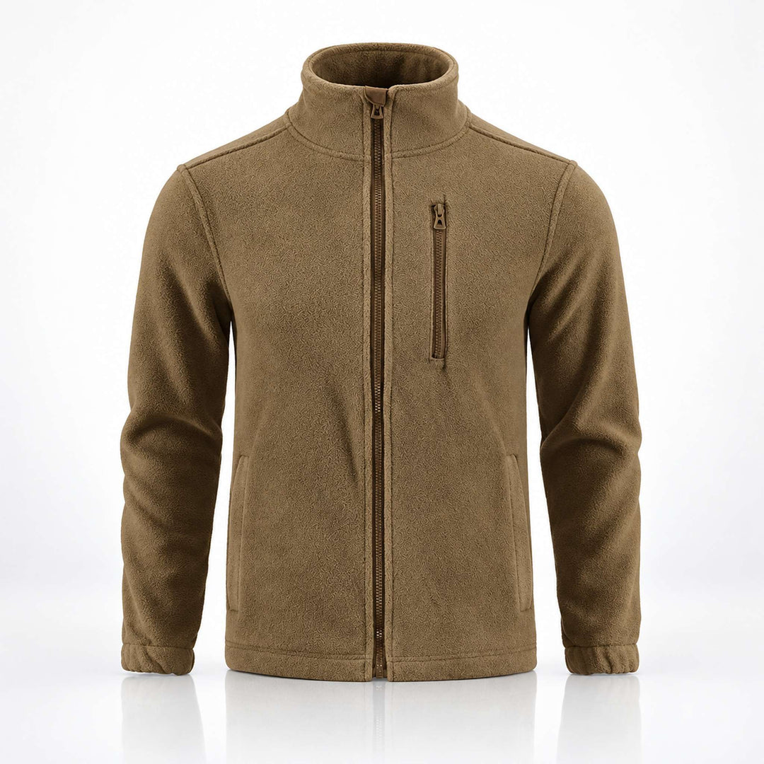 Coyote tactical fleece jacket with stand collar, full front zipper, vertical chest pocket, two side pockets, and elastic cuffs.