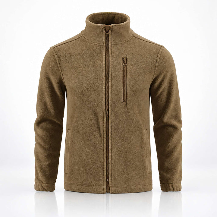 Coyote tactical fleece jacket with stand collar, full front zipper, vertical chest pocket, two side pockets, and elastic cuffs.