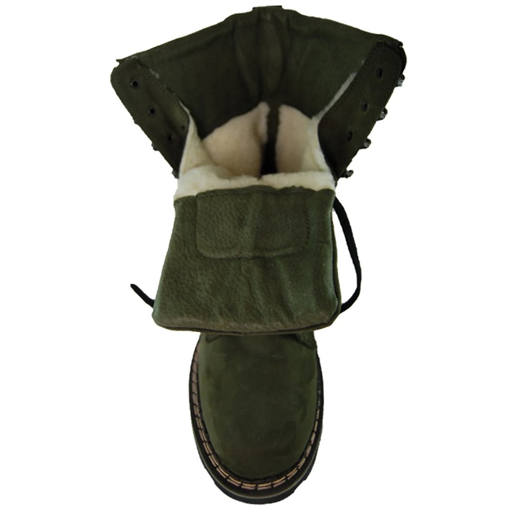 Front view of dark olive tactical boots showcasing lace-up design