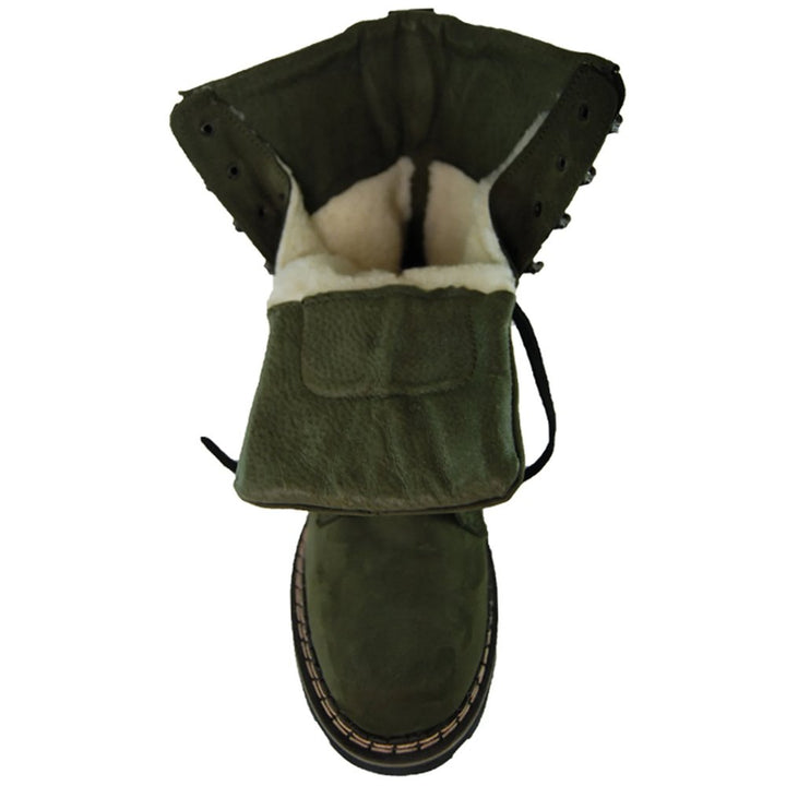 Front view of dark olive tactical boots showcasing lace-up design