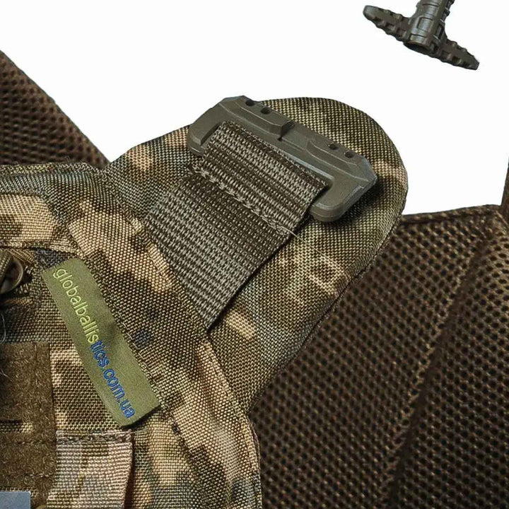 Angled view of the tactical chest armor showing MOLLE system, adjustable shoulders, and breathable mesh