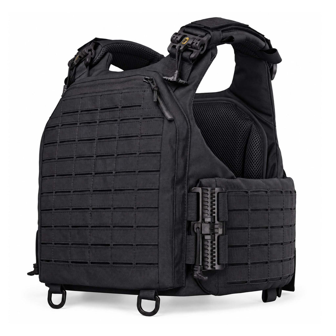 Gen 6 black plate carrier with Laser Cut MOLLE front panel, side protection sections, quick-release hardware, padded shoulders, and breathable inner mesh.