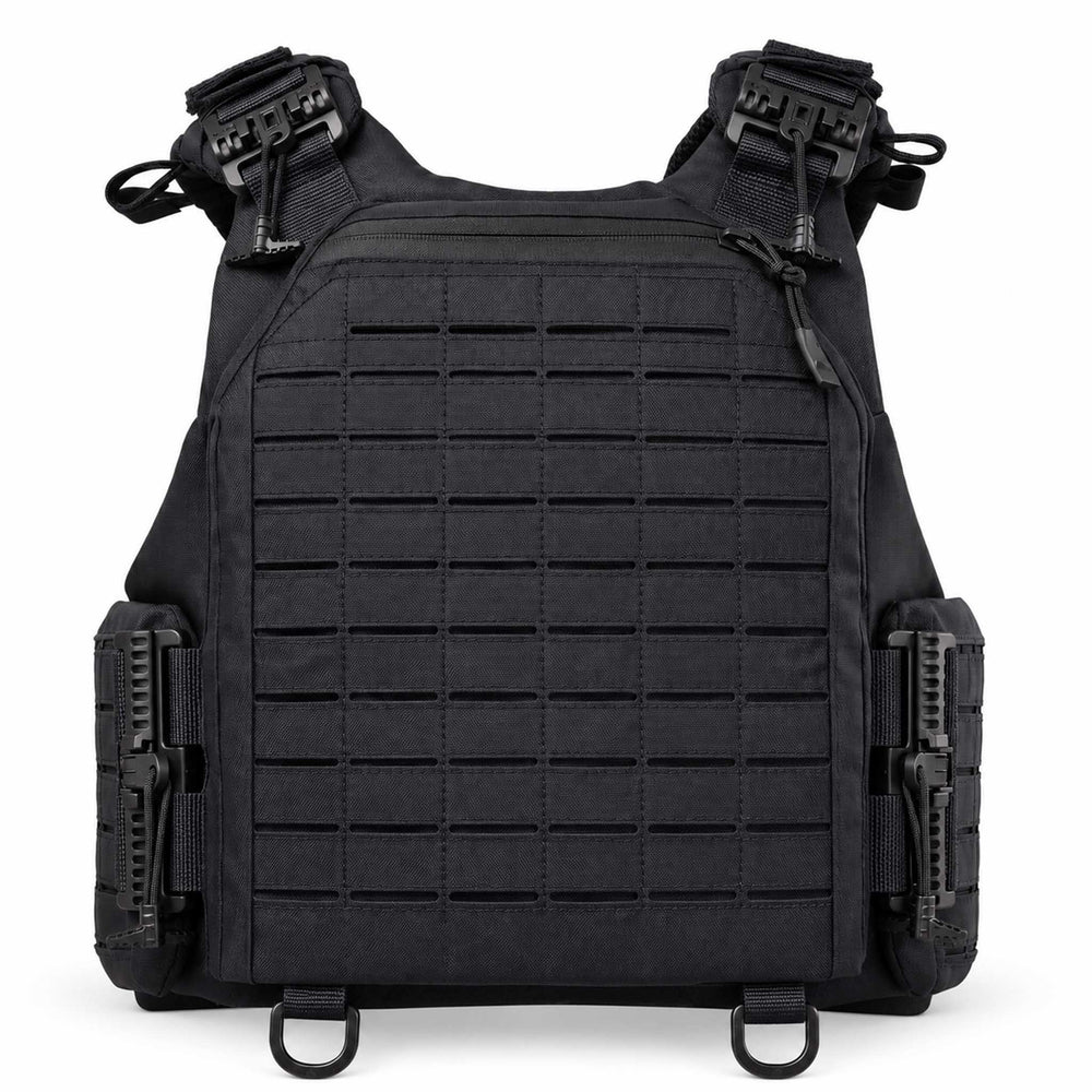 Black tactical plate carrier showing the full Laser Cut MOLLE panel, shoulder quick-release hardware, side cummerbunds, and lower attachment loops.
