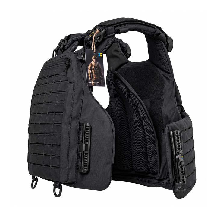 Black Gen 6 plate carrier with Laser Cut MOLLE panels, padded mesh interior, side cummerbunds, quick-release buckles, and shoulder padding.