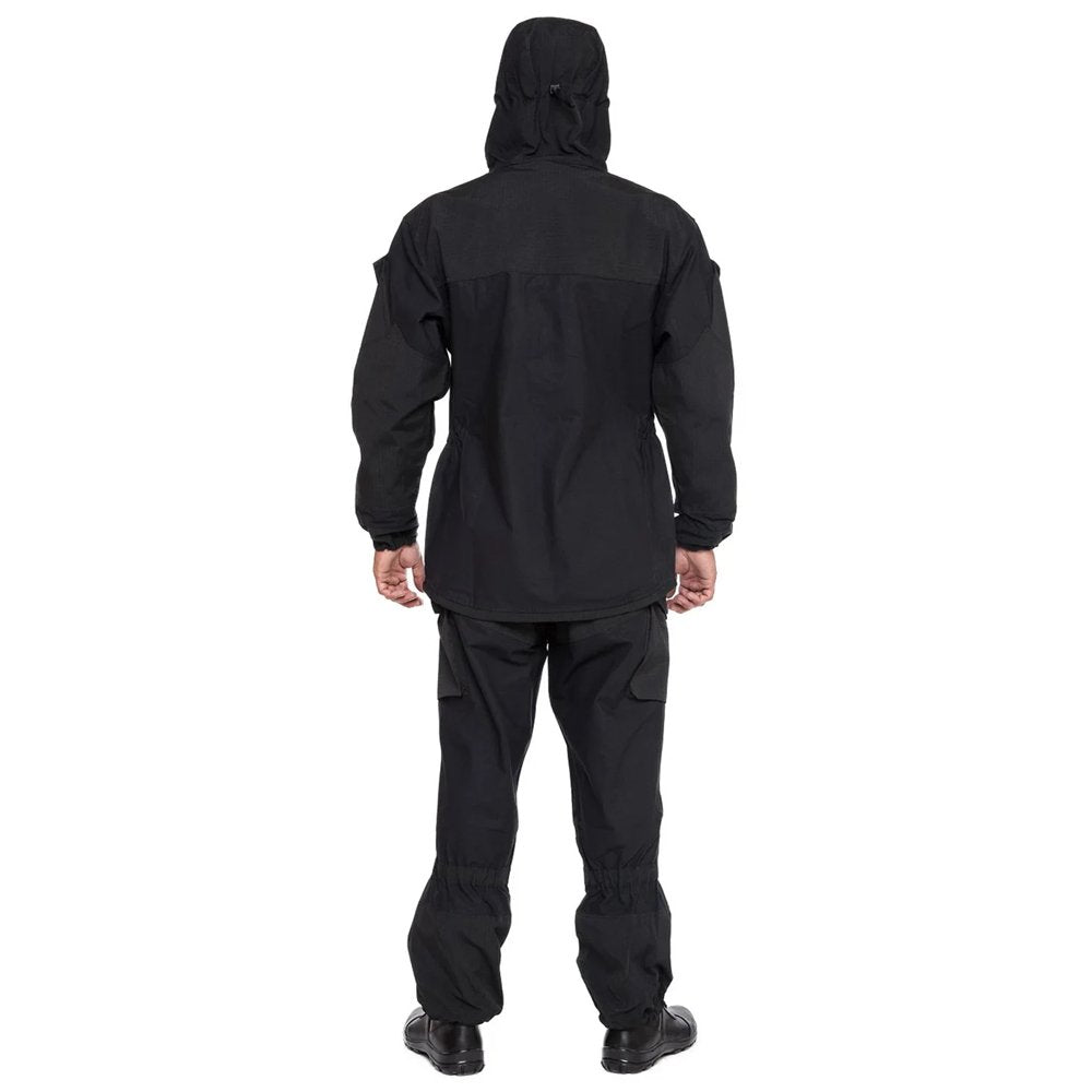 View from the back of a Gorka 3 black uniform, highlighting its functional design and ample pocket space, suitable for Ukrainian army and tactical enthusiasts.
