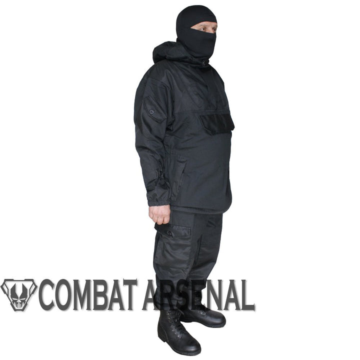 Gorka 4 black tactical suit side view with jacket and pants.